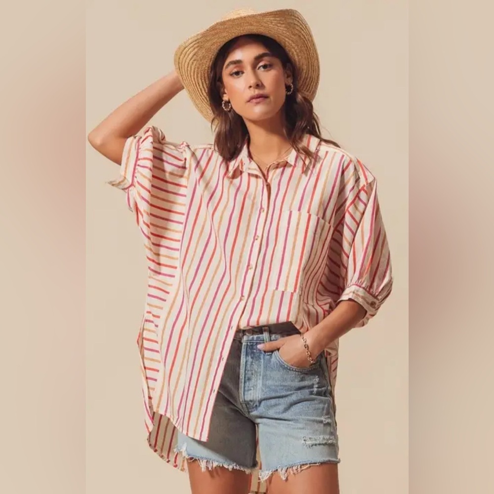 Pilcro Red, Pink, and Cream Striped Button-Down Shirt